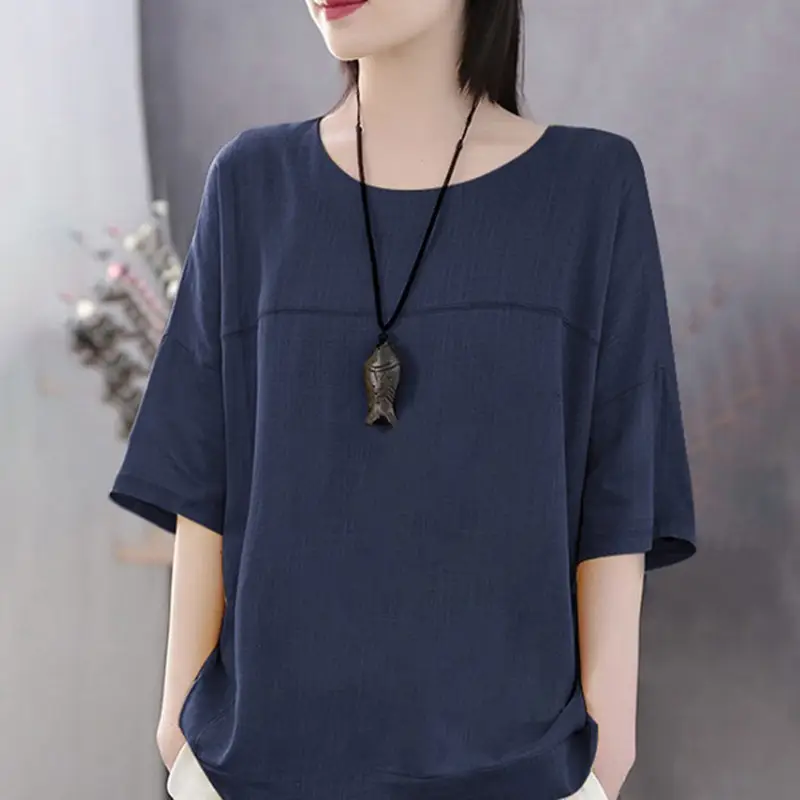 Women Cotton Linen Loose T-Shirt Plus Size Orange - Image 7