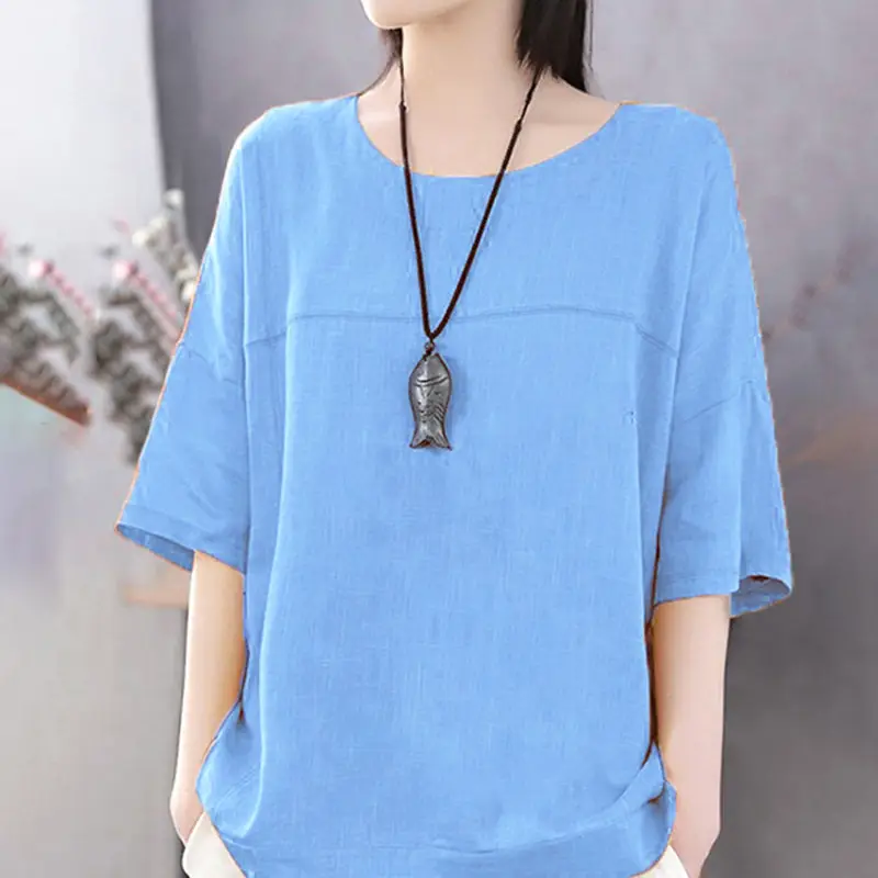 Women Cotton Linen Loose T-Shirt Plus Size Orange - Image 9