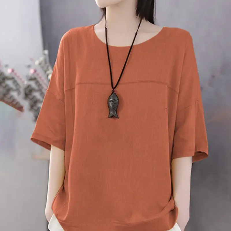 Women Cotton Linen Loose T-Shirt Plus Size Orange - Image 3