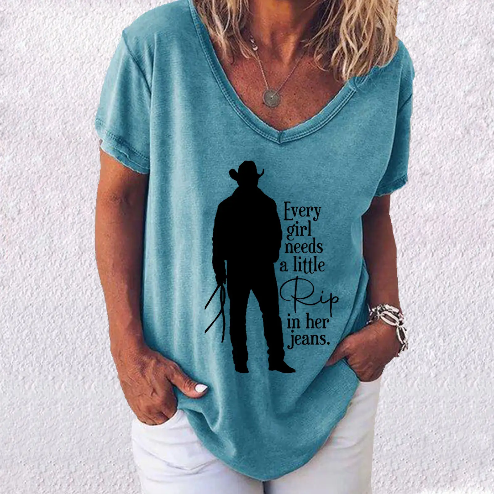 Women V Neck Printed T-Shirt Green God Fix It Jail