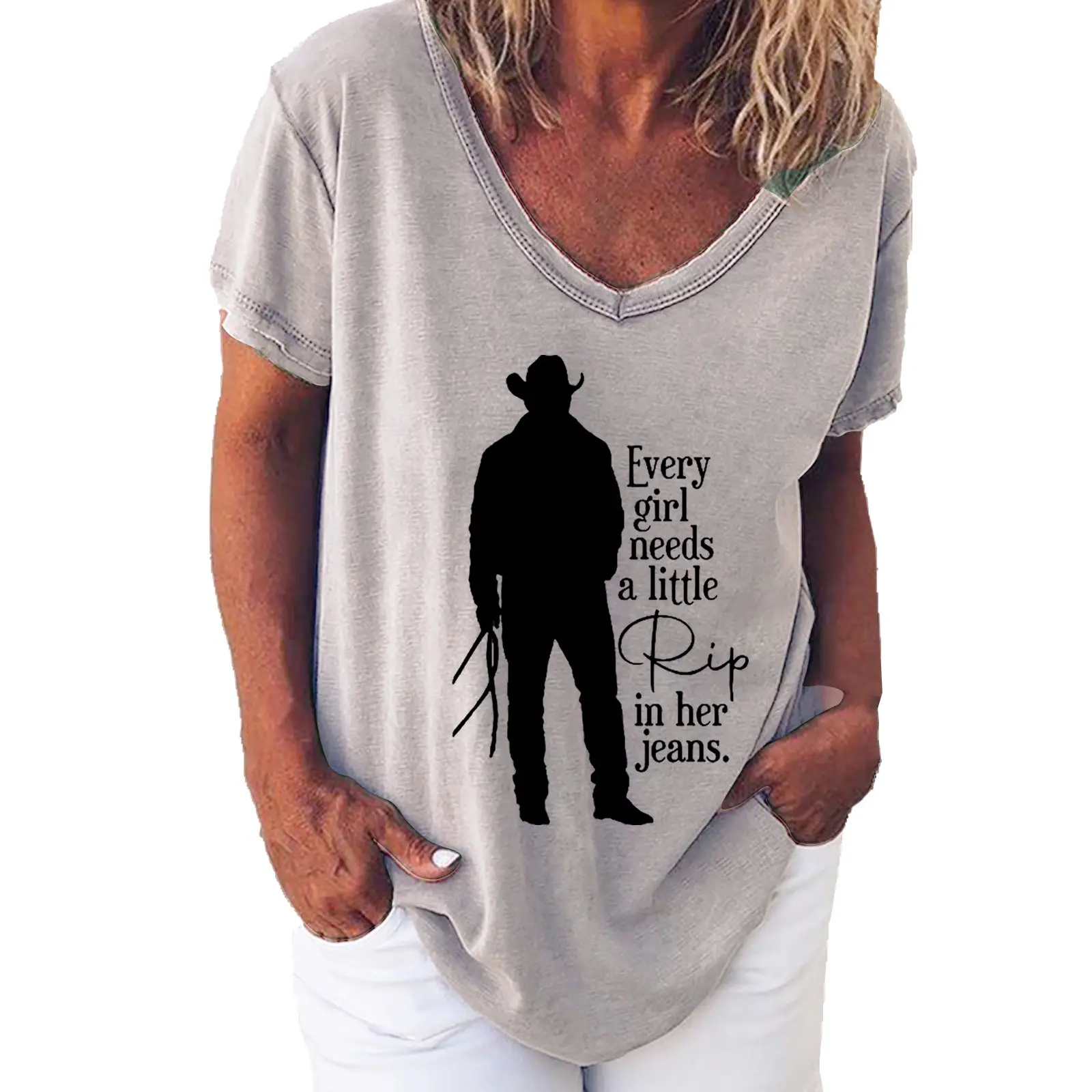 Women V Neck Printed T-Shirt Green God Fix It Jail