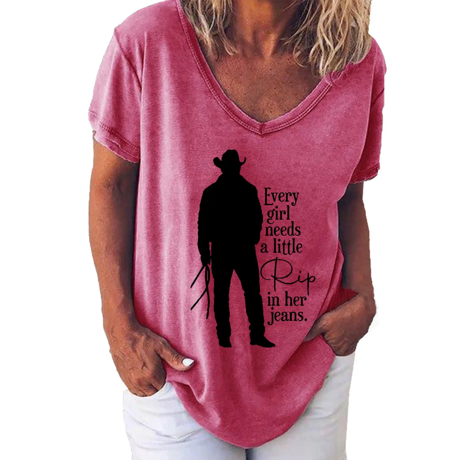 Women V Neck Printed T-Shirt Green God Fix It Jail