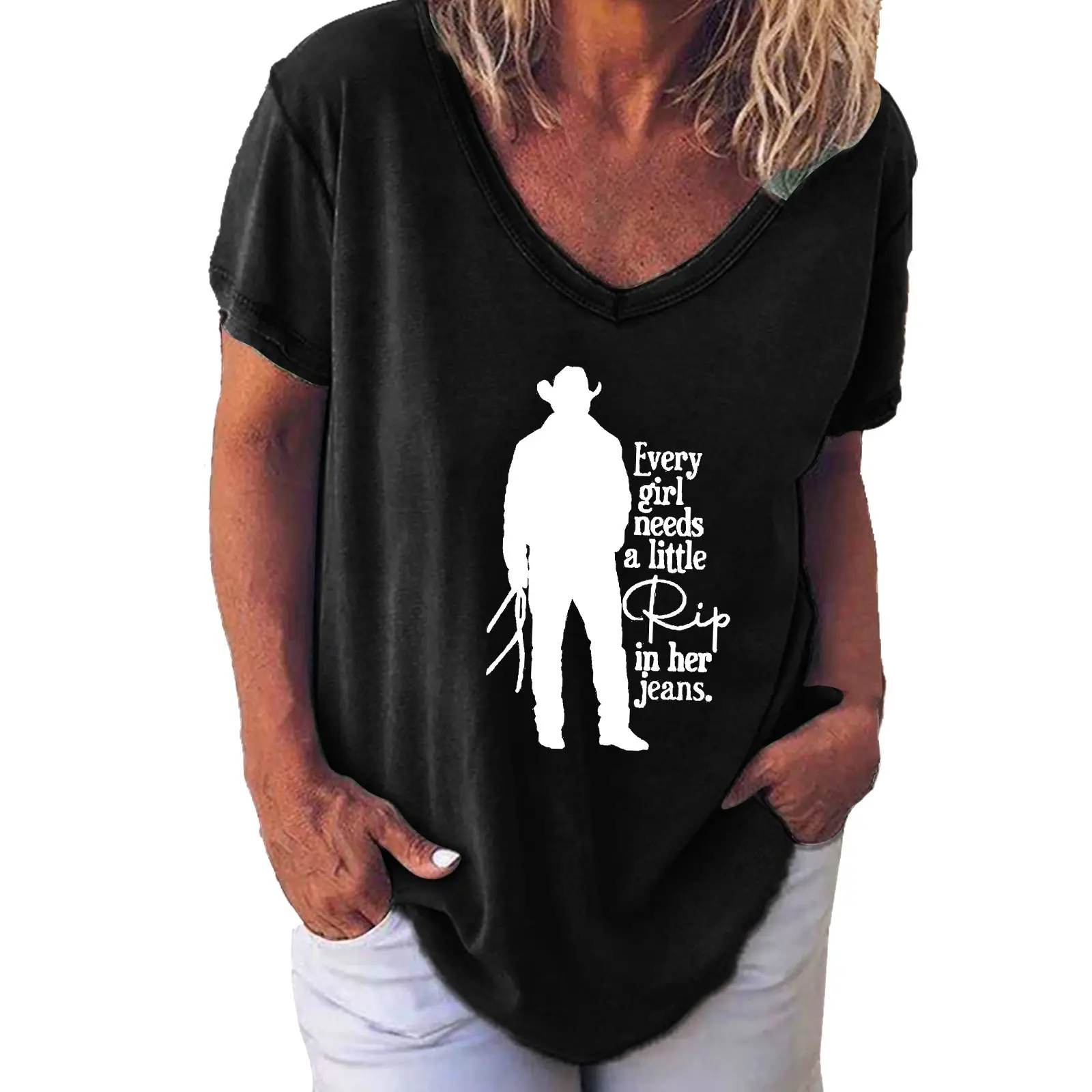 Women V Neck Printed T-Shirt Green God Fix It Jail