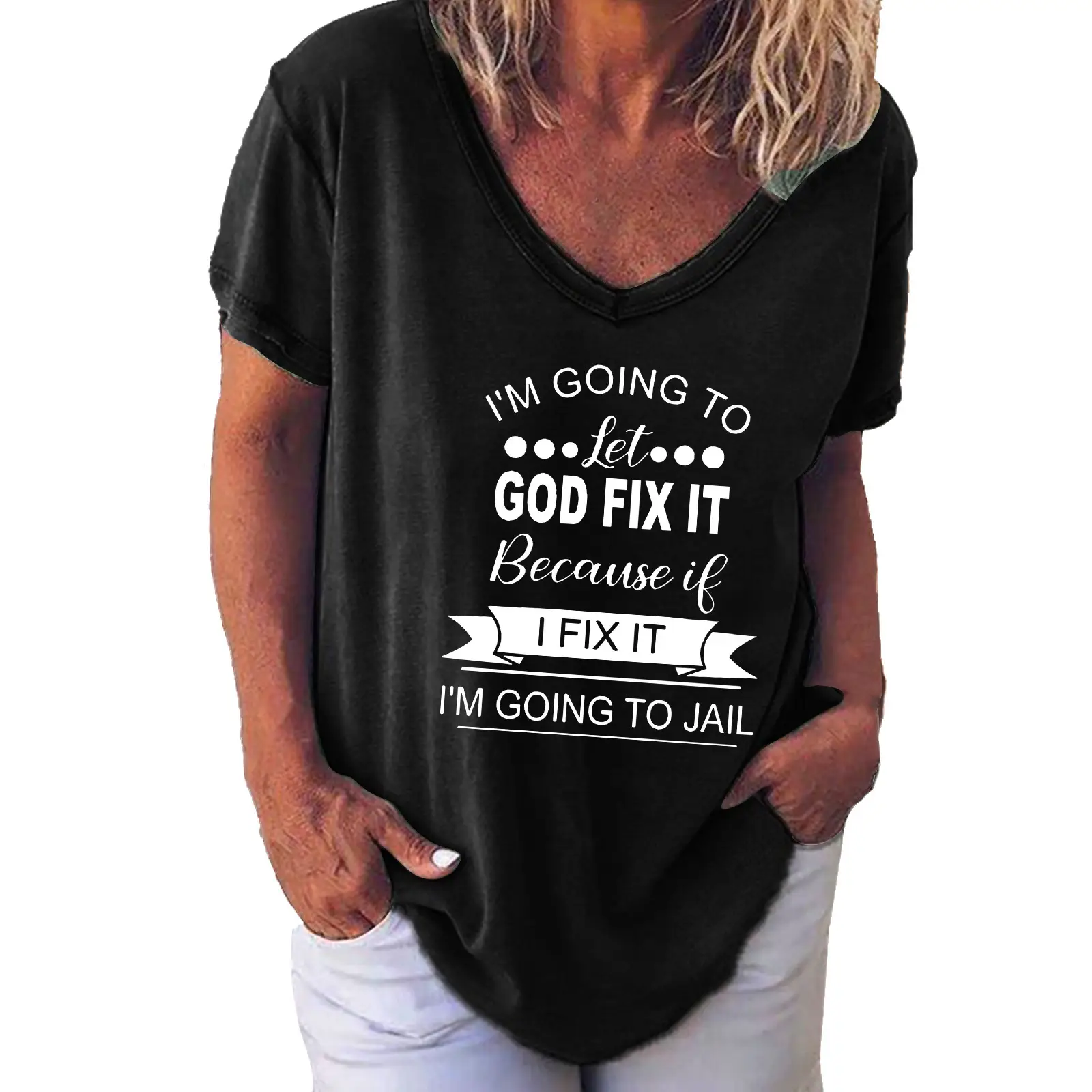 Women V Neck Printed T-Shirt Green God Fix It Jail