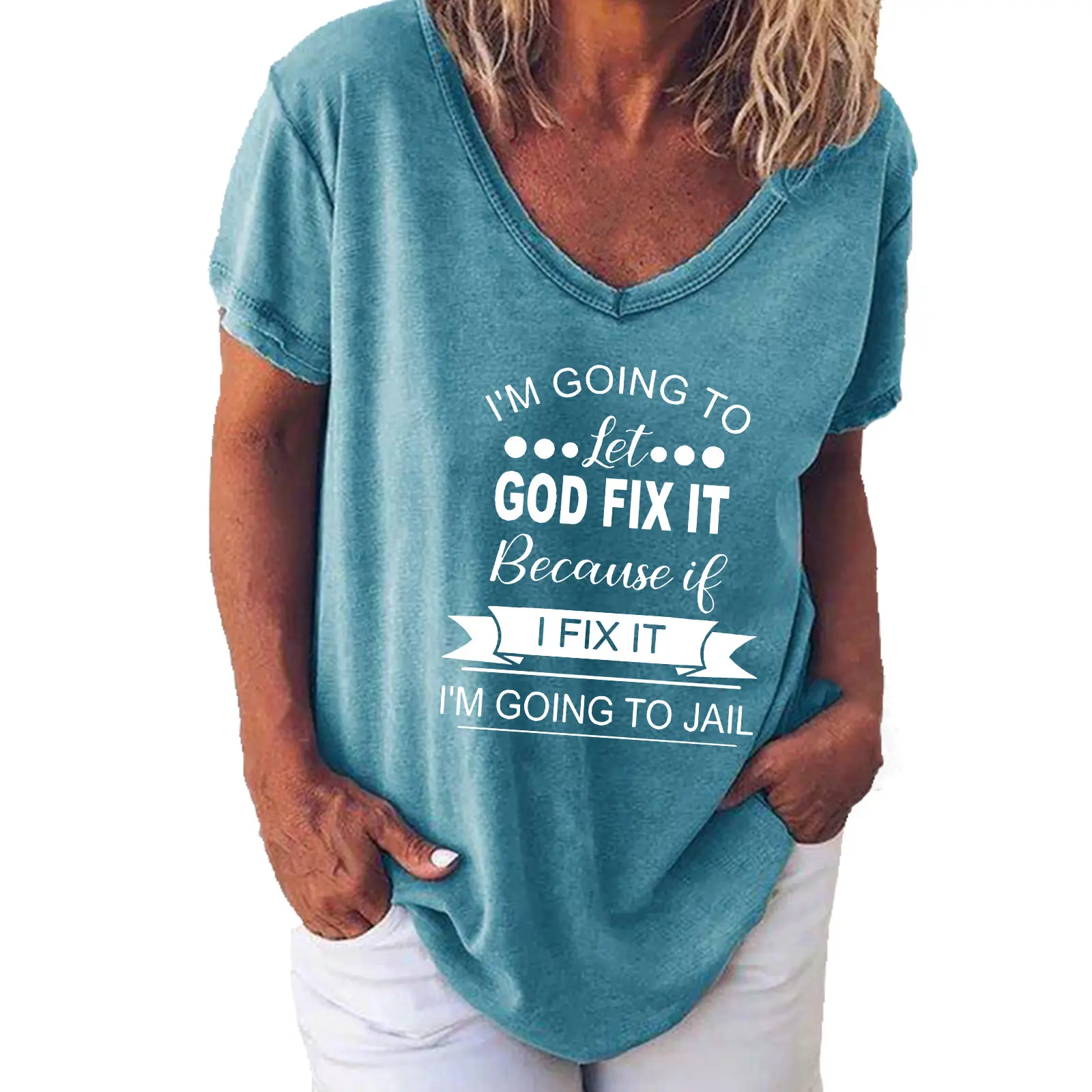Women V Neck Printed T-Shirt Green God Fix It Jail