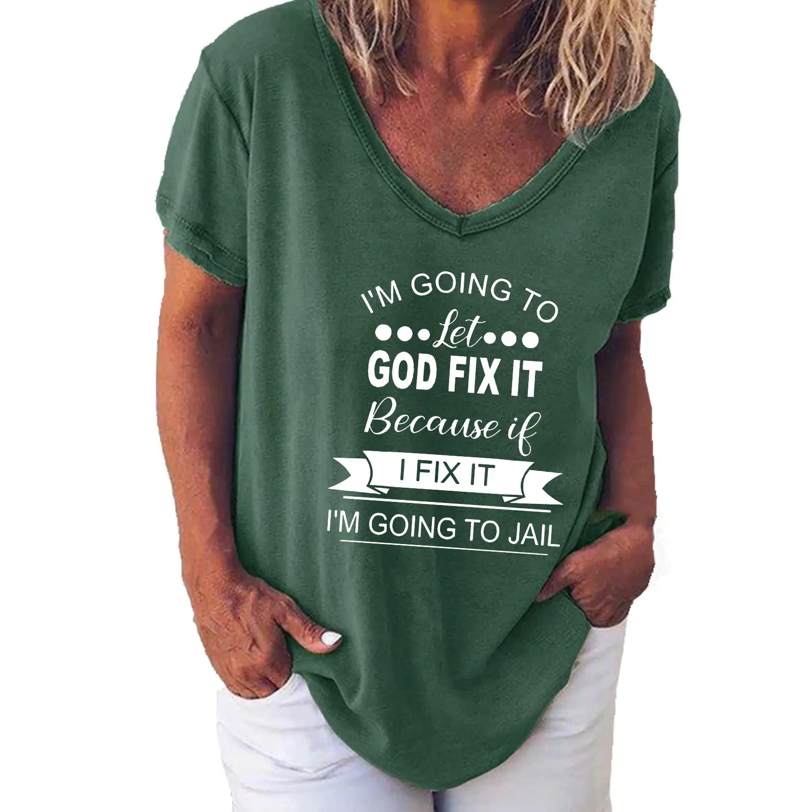 Women V Neck Printed T-Shirt Green God Fix It Jail