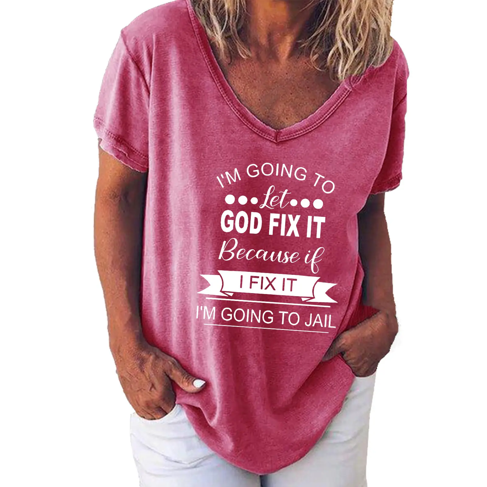 Women V Neck Printed T-Shirt Green God Fix It Jail