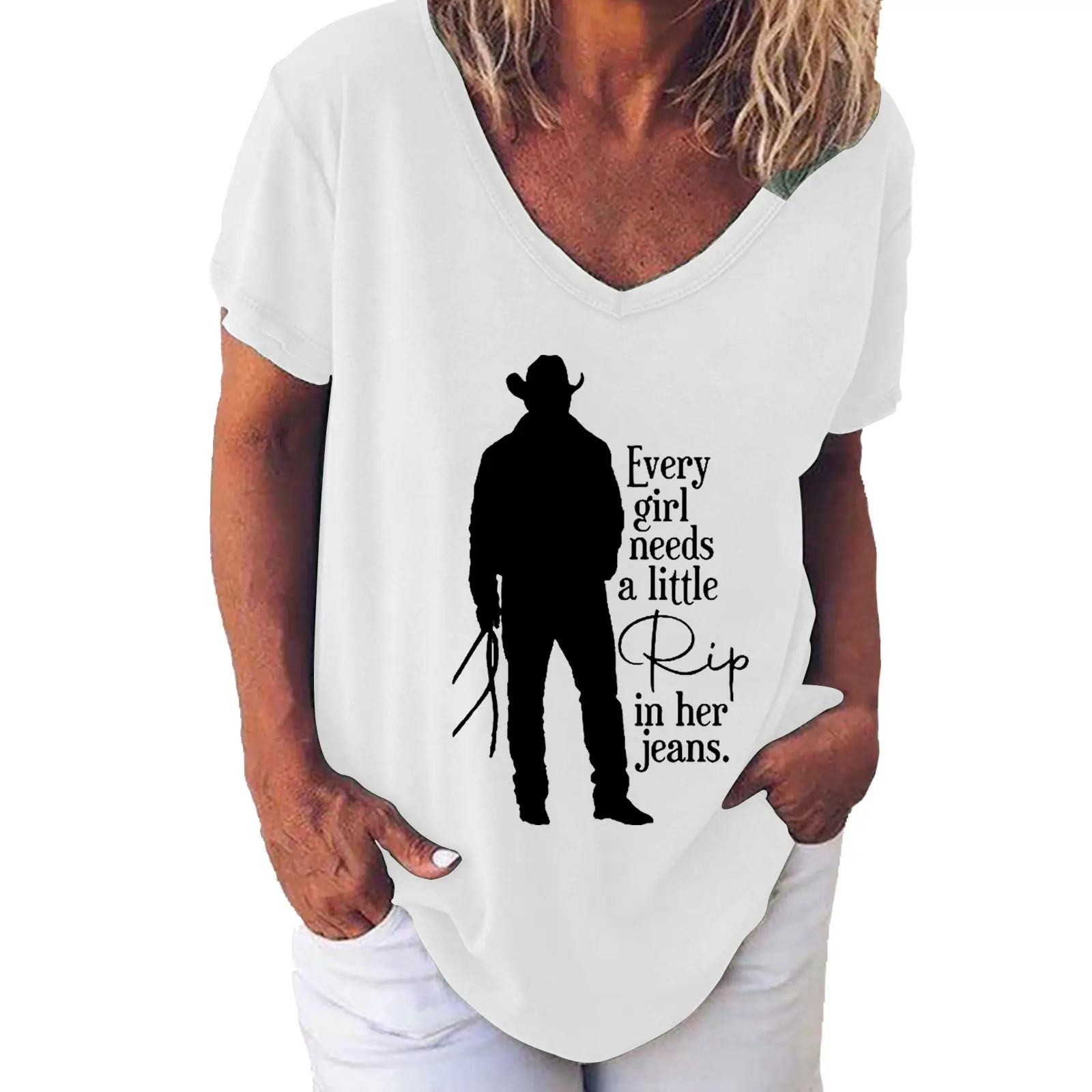 Women V Neck Printed T-Shirt Green God Fix It Jail