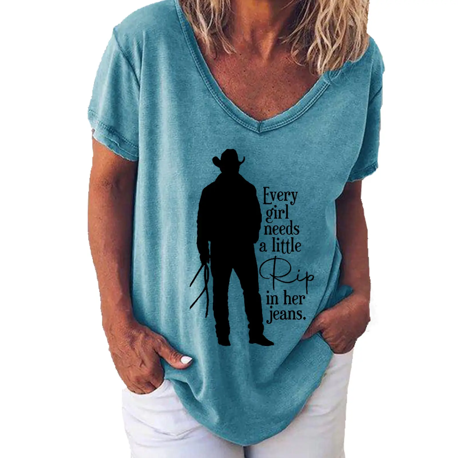 Women V Neck Printed T-Shirt Green God Fix It Jail