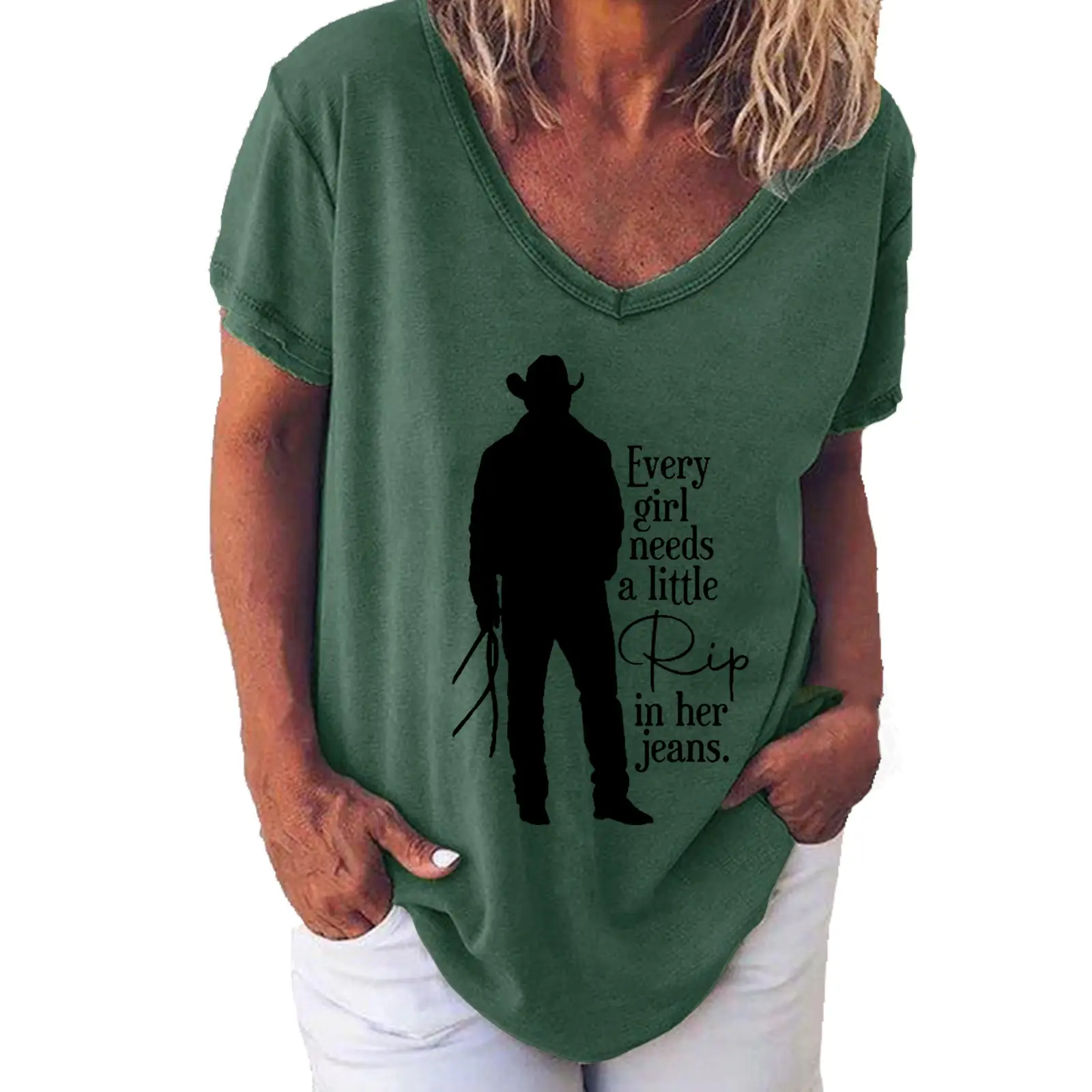 Women V Neck Printed T-Shirt Green God Fix It Jail