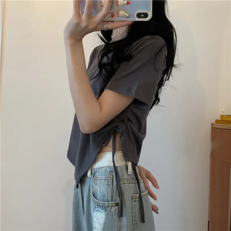 Women Irregular Drawstring T-Shirt Grey 2025 Summer - Image 4