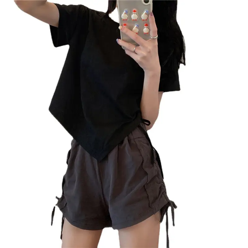 Women Irregular Drawstring T-Shirt Grey 2025 Summer - Image 7