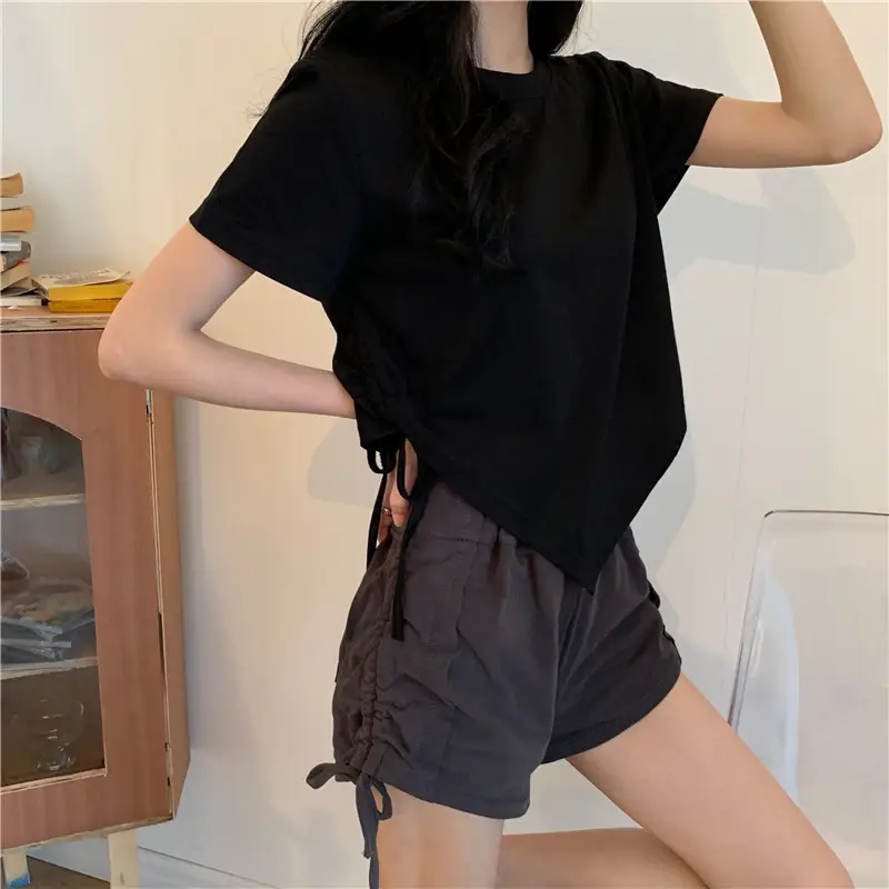 Women Irregular Drawstring T-Shirt Grey 2025 Summer — feature 10