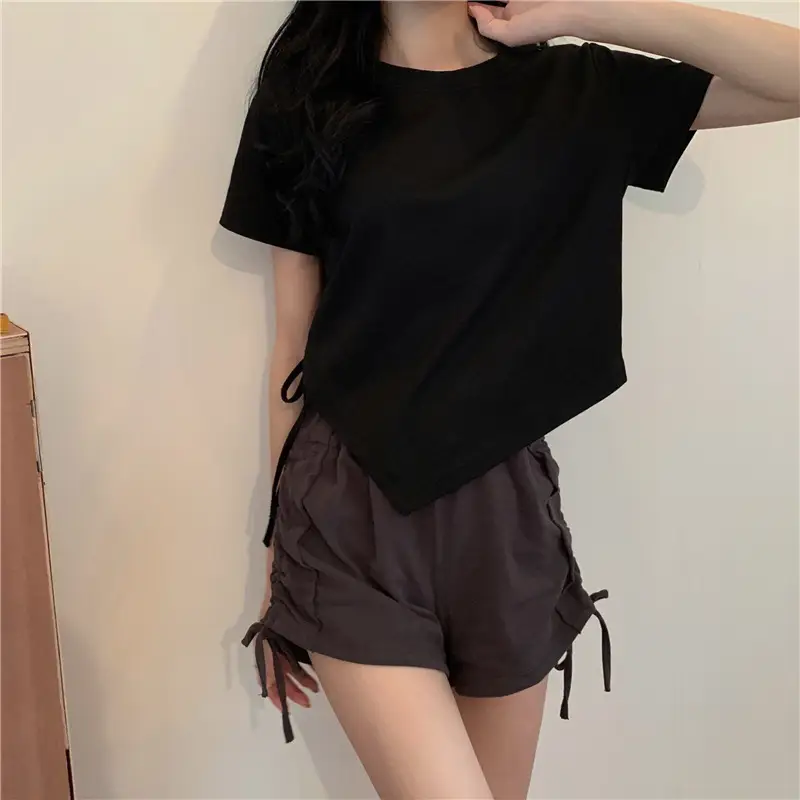 Women Irregular Drawstring T-Shirt Grey 2025 Summer — feature 11