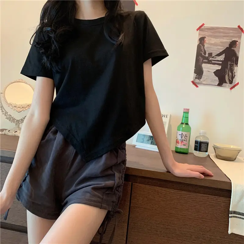 Women Irregular Drawstring T-Shirt Grey 2025 Summer — feature 12