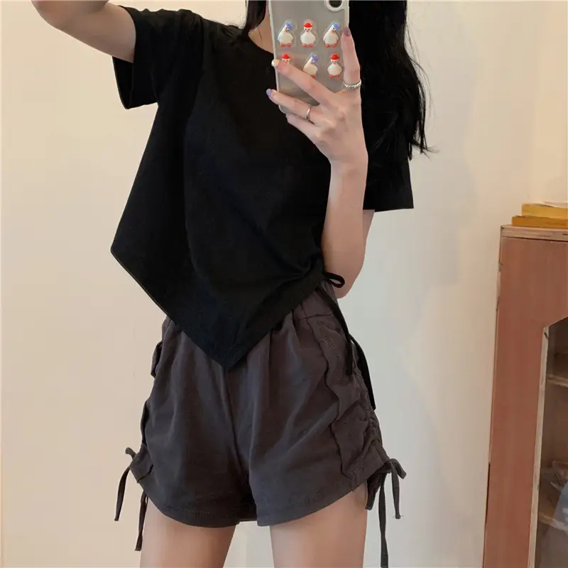 Women Irregular Drawstring T-Shirt Grey 2025 Summer — feature 13