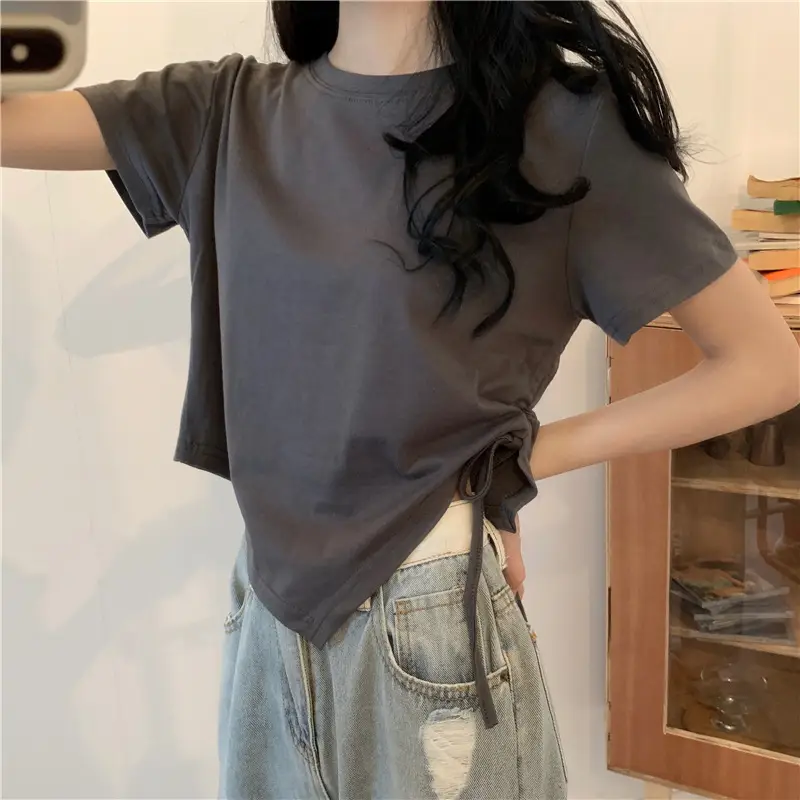 Women Irregular Drawstring T-Shirt Grey 2025 Summer — feature 3