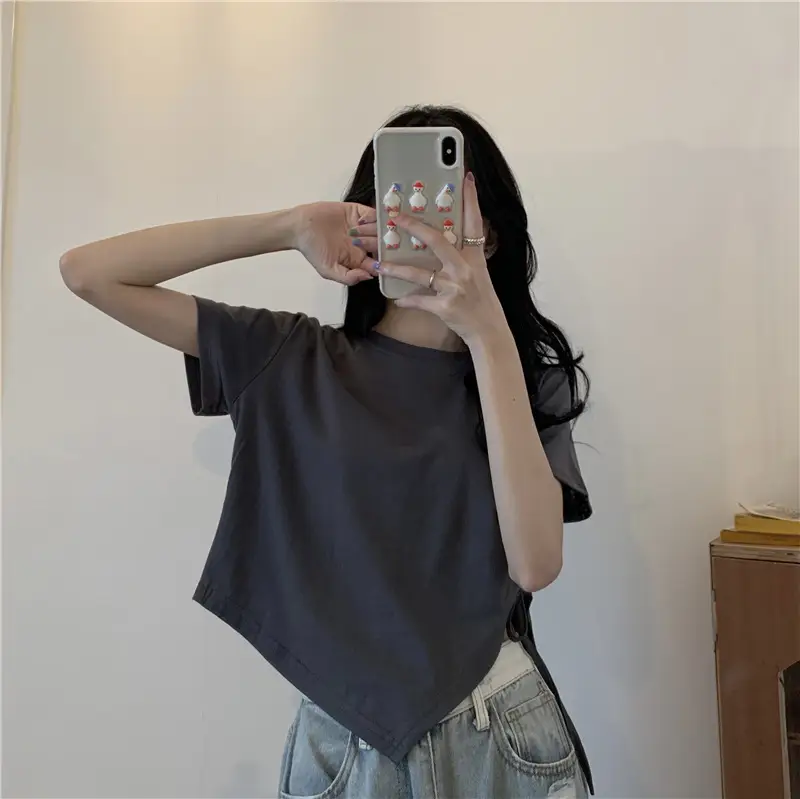 Women Irregular Drawstring T-Shirt Grey 2025 Summer — feature 4