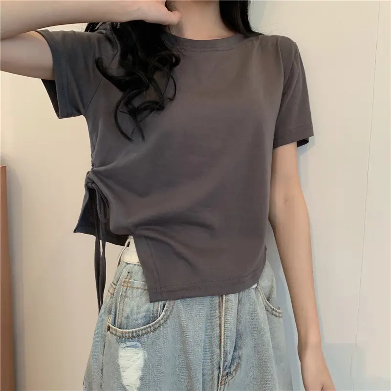 Women Irregular Drawstring T-Shirt Grey 2025 Summer — feature 6