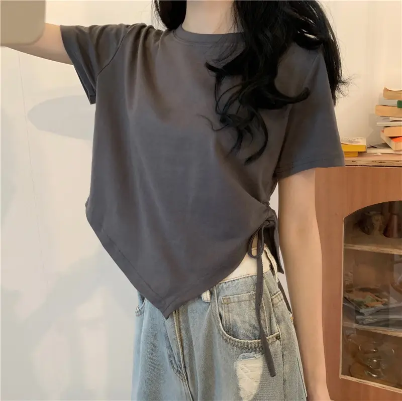 Women Irregular Drawstring T-Shirt Grey 2025 Summer — feature 8