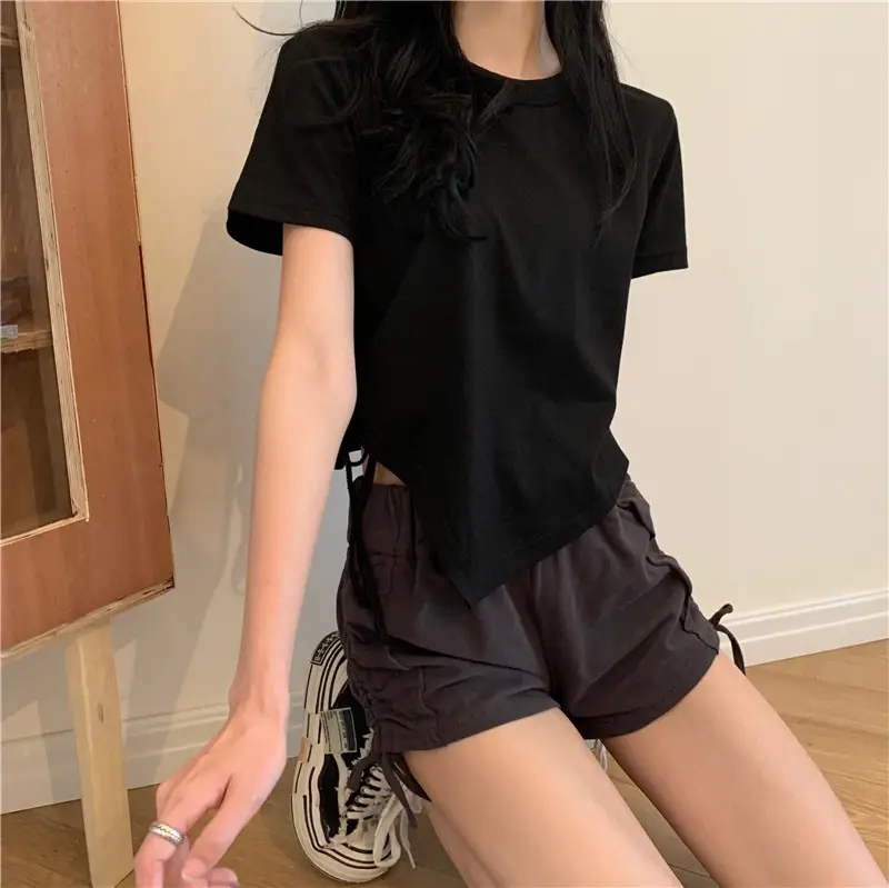 Women Irregular Drawstring T-Shirt Grey 2025 Summer — feature 9