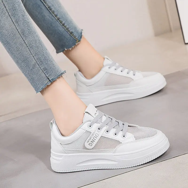 2026 Summer New Versatile Mesh Breathable White Sneakers for Women, Thick-Soled Casual Sports Lace-Up Mesh Shoes