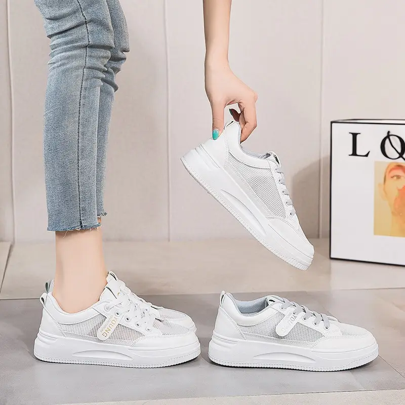 2026 Summer New Versatile Mesh Breathable White Sneakers for Women, Thick-Soled Casual Sports Lace-Up Mesh Shoes