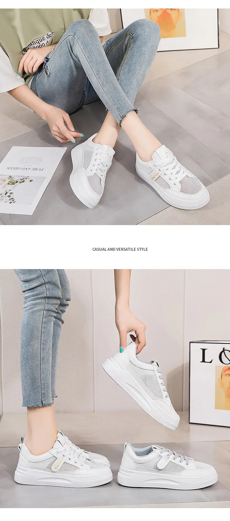 2026 Summer New Versatile Mesh Breathable White Sneakers for Women, Thick-Soled Casual Sports Lace-Up Mesh Shoes — feature 13