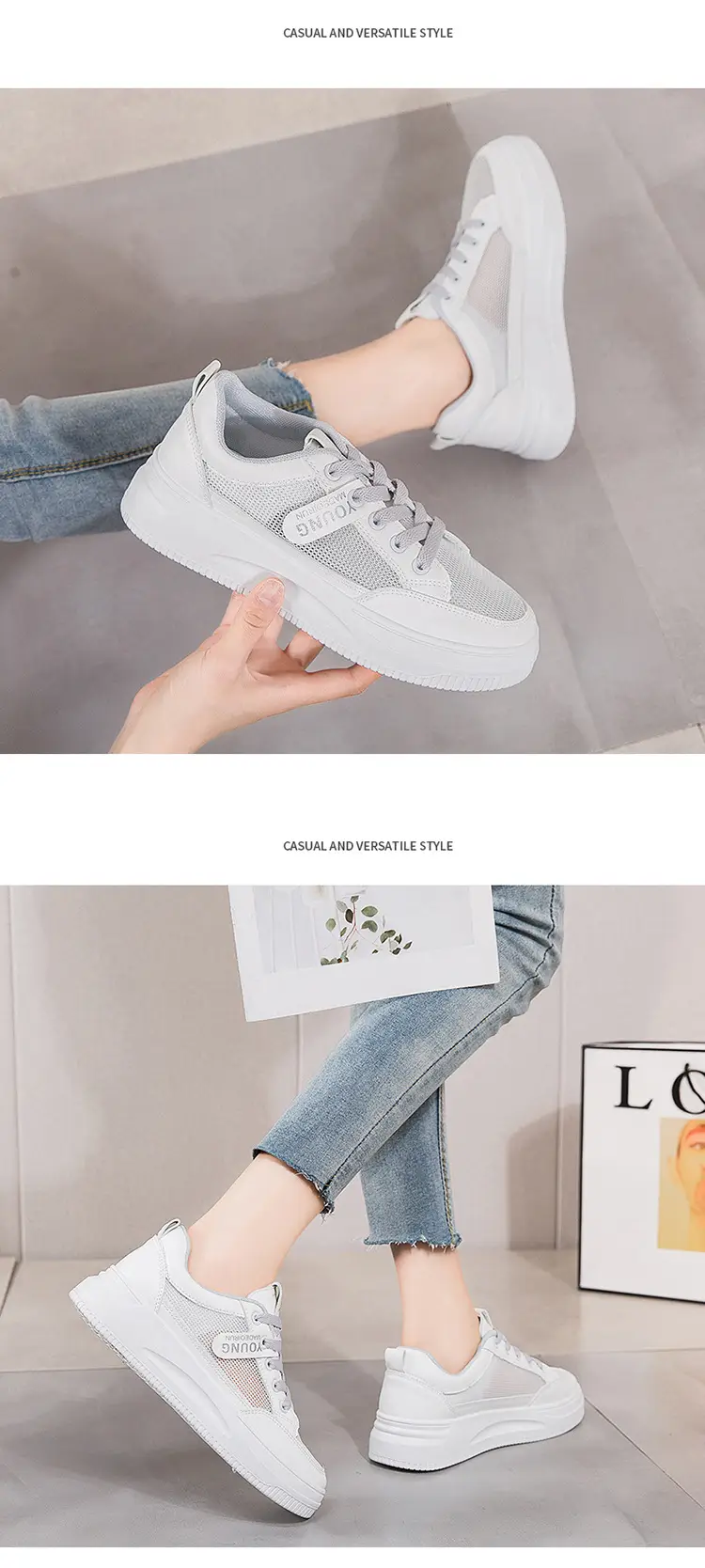 2026 Summer New Versatile Mesh Breathable White Sneakers for Women, Thick-Soled Casual Sports Lace-Up Mesh Shoes — feature 14