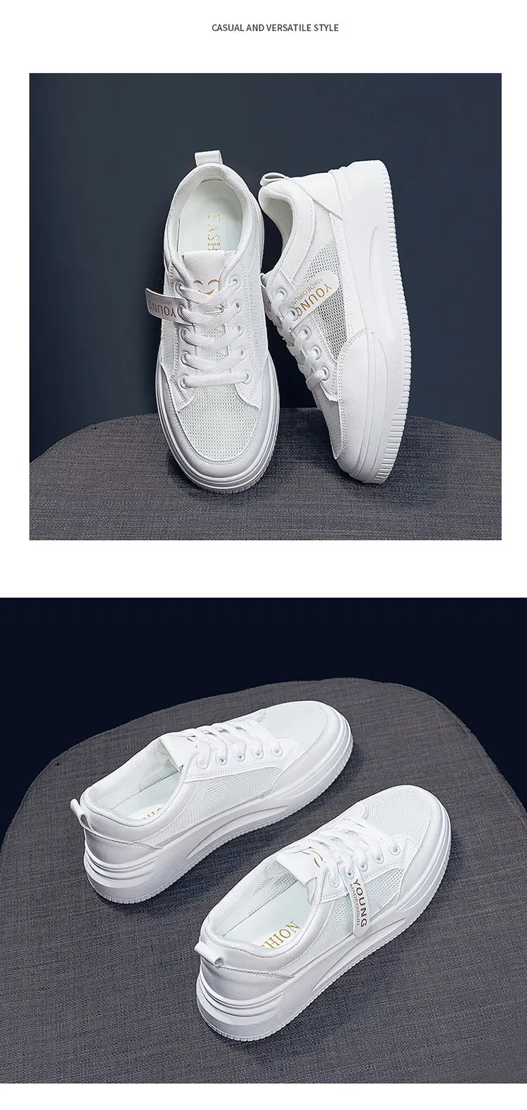 2026 Summer New Versatile Mesh Breathable White Sneakers for Women, Thick-Soled Casual Sports Lace-Up Mesh Shoes — feature 17