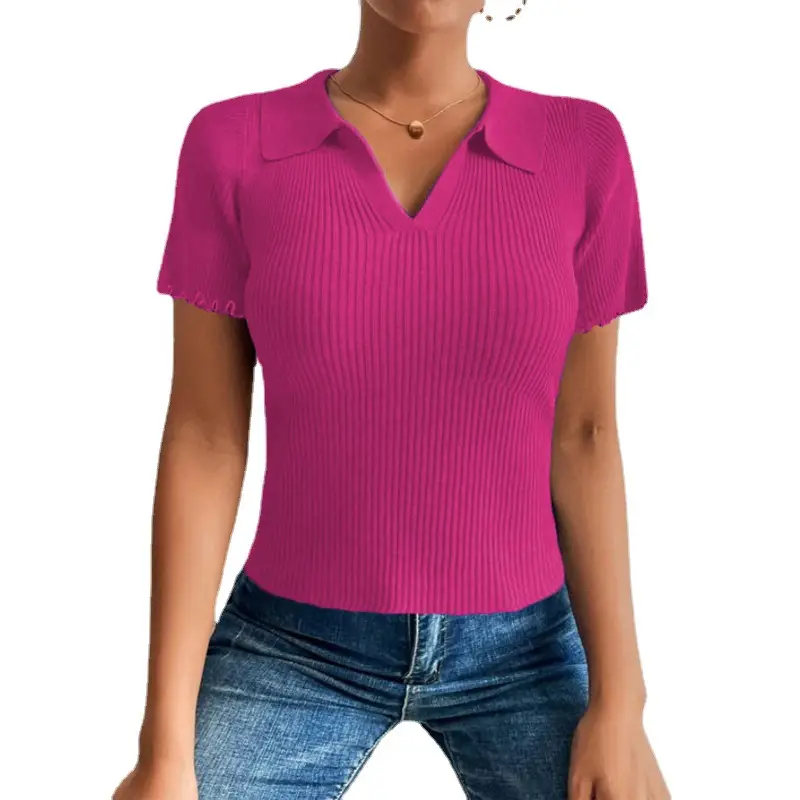 Women's Knitted Polo T-Shirt Pink V-Neck - Image 8
