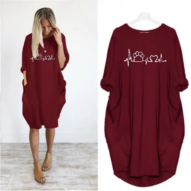 Women Heartbeat Print Loose Dress Olive Green Large - Image 8