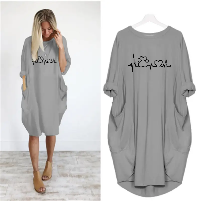 Women Heartbeat Print Loose Dress Olive Green Large - Image 11