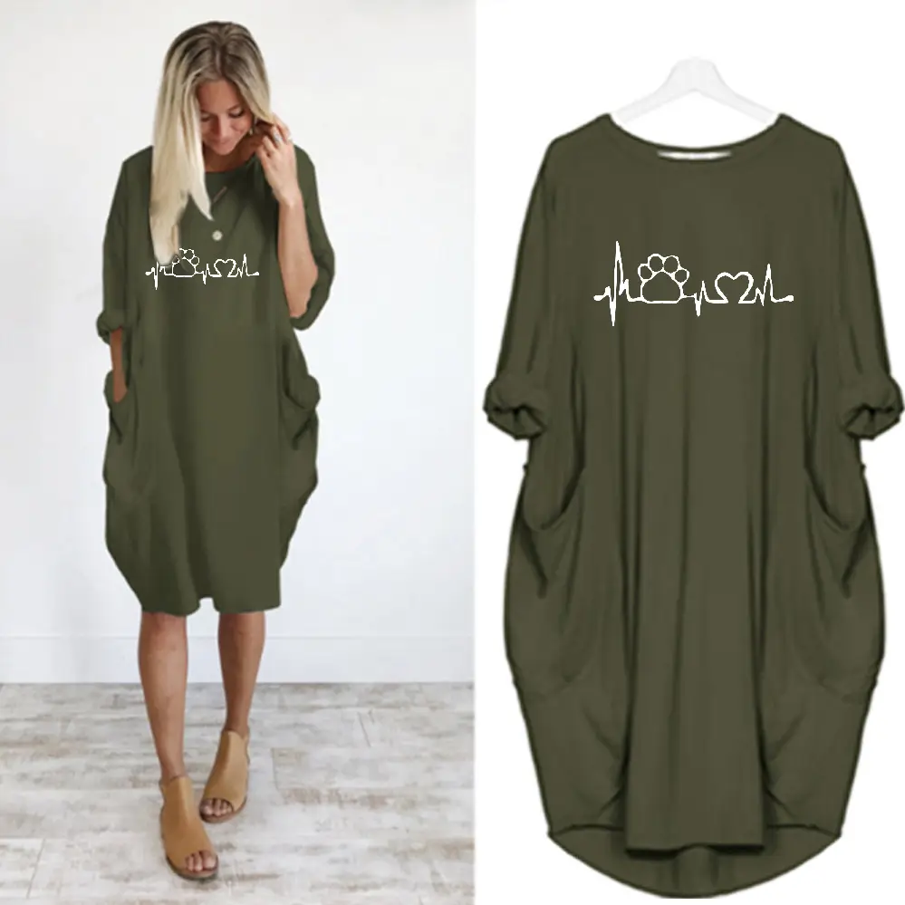 Women Heartbeat Print Loose Dress Olive Green Large - Image 6