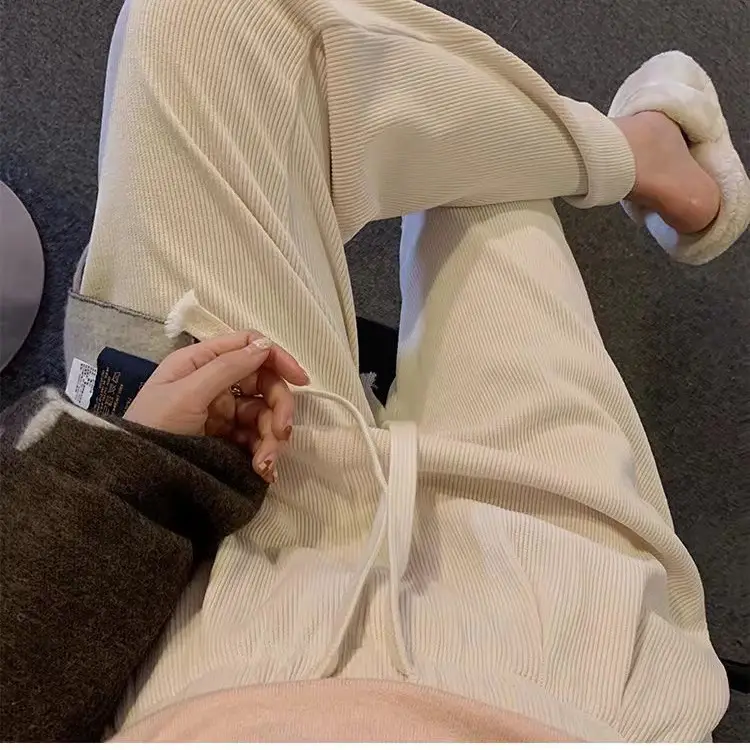 Women Fleece Lined Wide Leg Pants White Winter Warm