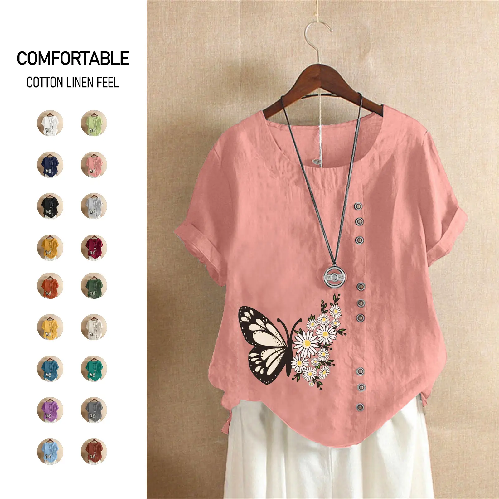 Women Butterfly Print Cotton Linen T-Shirt Plus Size - Image 19
