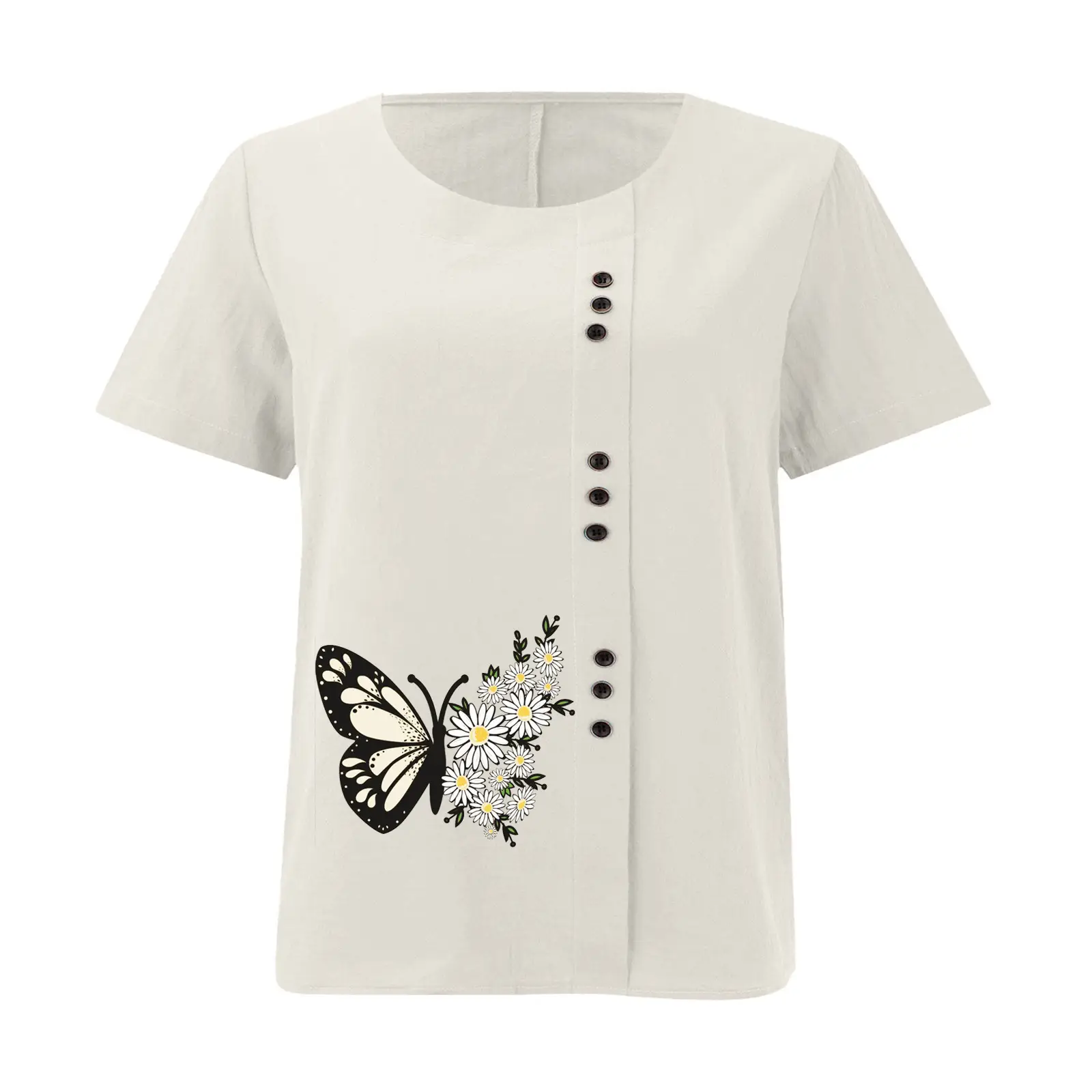 Women Butterfly Print Cotton Linen T-Shirt Plus Size - Image 23