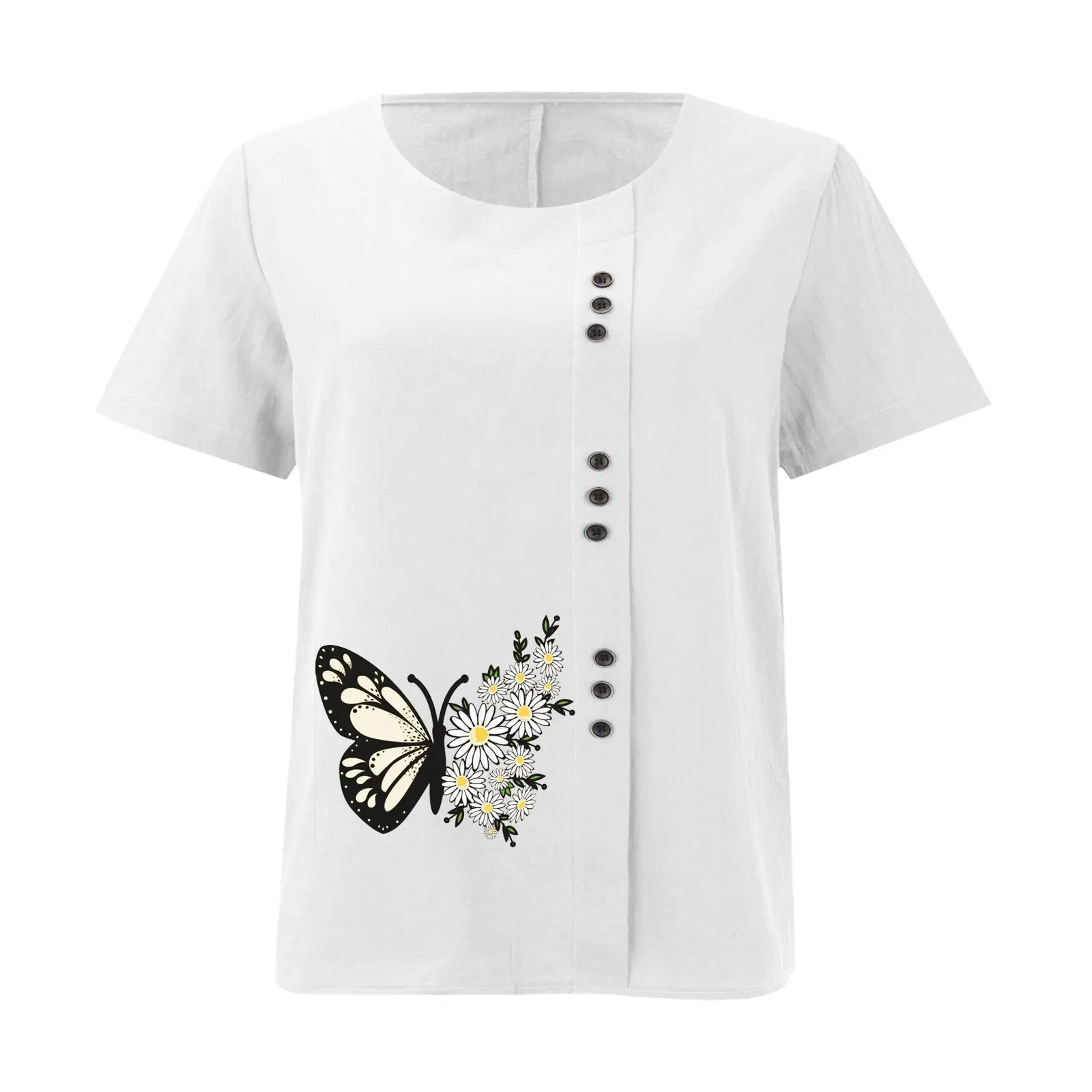 Women Butterfly Print Cotton Linen T-Shirt Plus Size — feature 14