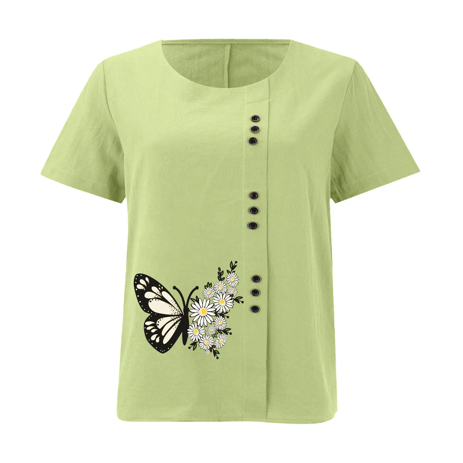 Women Butterfly Print Cotton Linen T-Shirt Plus Size — feature 15