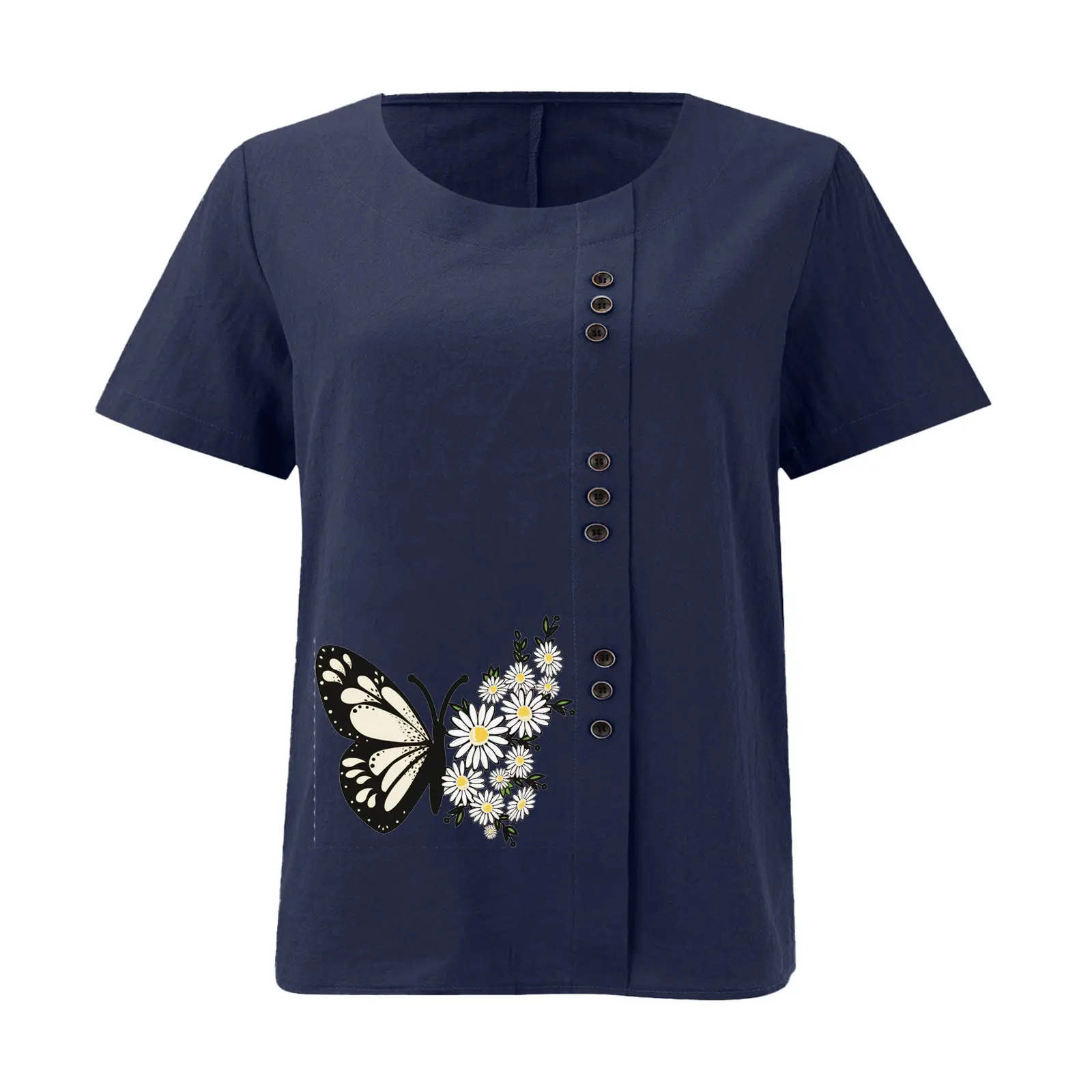 Women Butterfly Print Cotton Linen T-Shirt Plus Size — feature 16