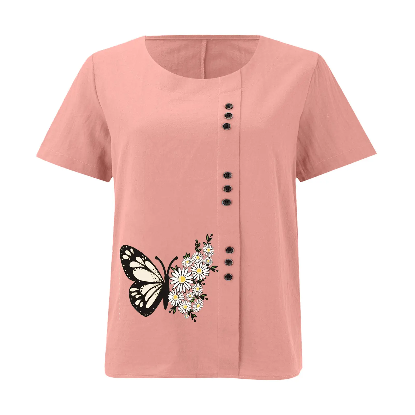 Women Butterfly Print Cotton Linen T-Shirt Plus Size — feature 17