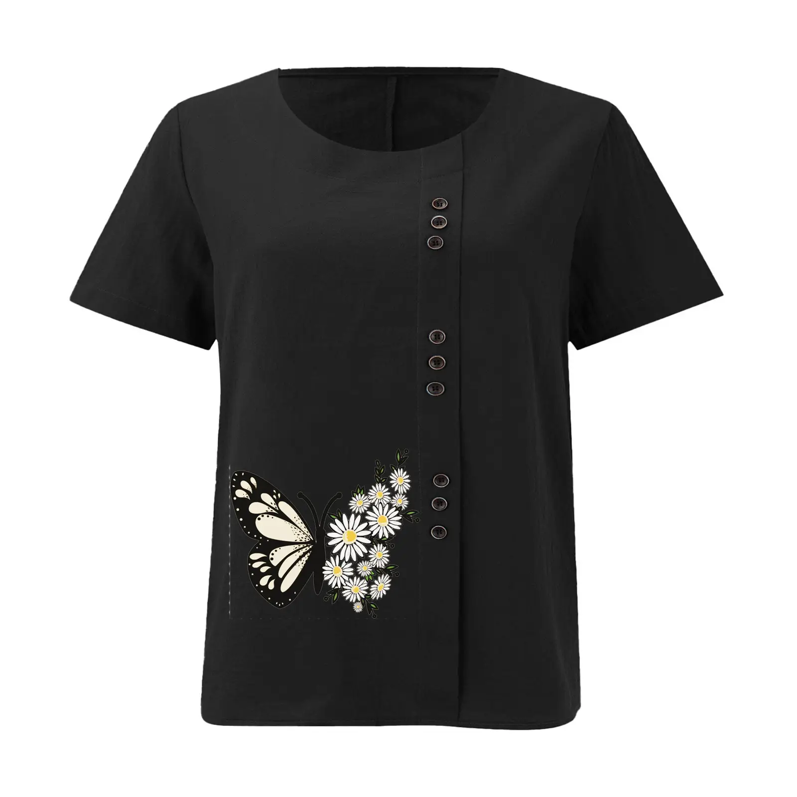 Women Butterfly Print Cotton Linen T-Shirt Plus Size — feature 18