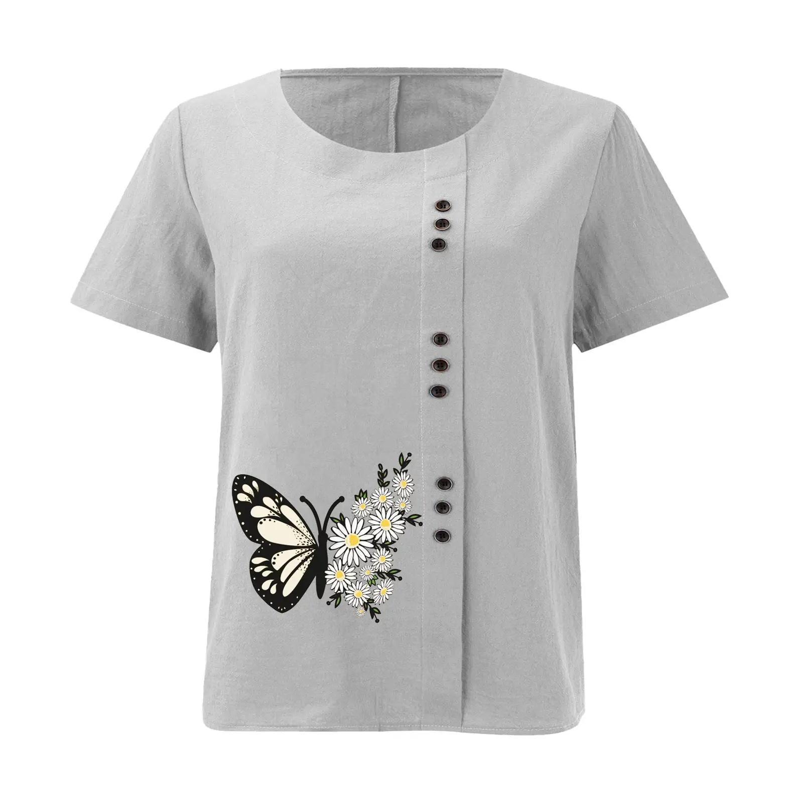 Women Butterfly Print Cotton Linen T-Shirt Plus Size — feature 19