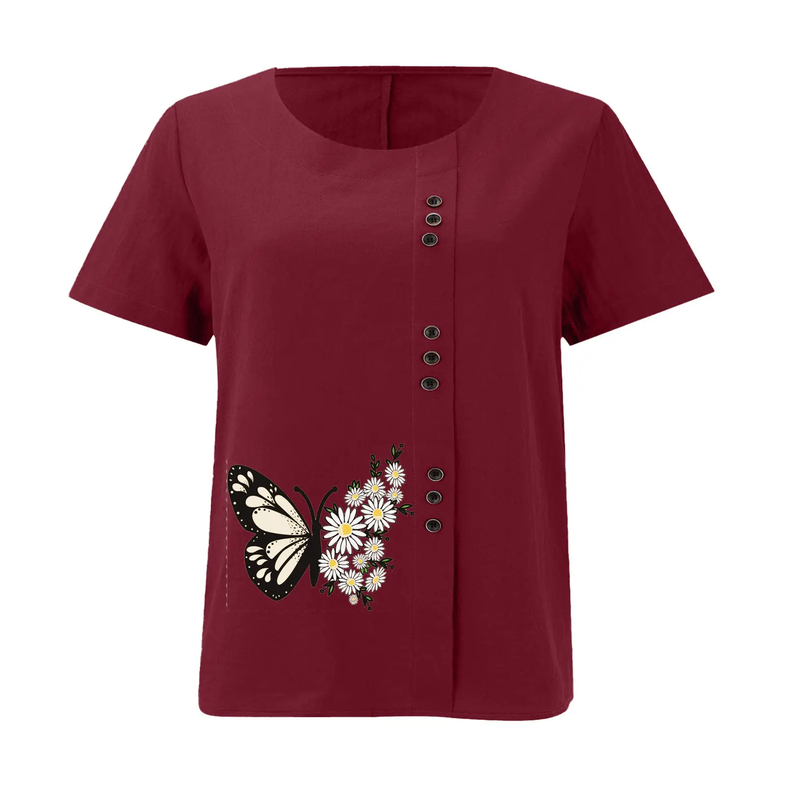 Women Butterfly Print Cotton Linen T-Shirt Plus Size — feature 21