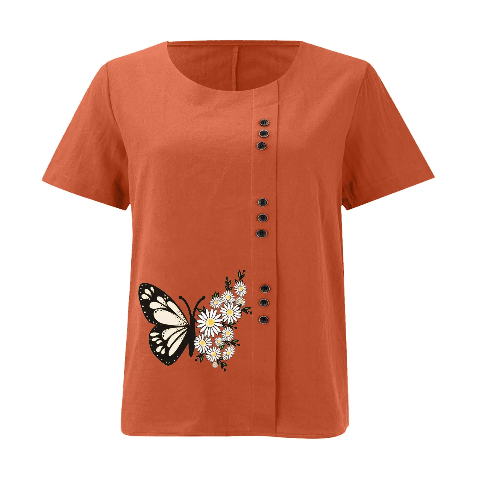 Women Butterfly Print Cotton Linen T-Shirt Plus Size — feature 22