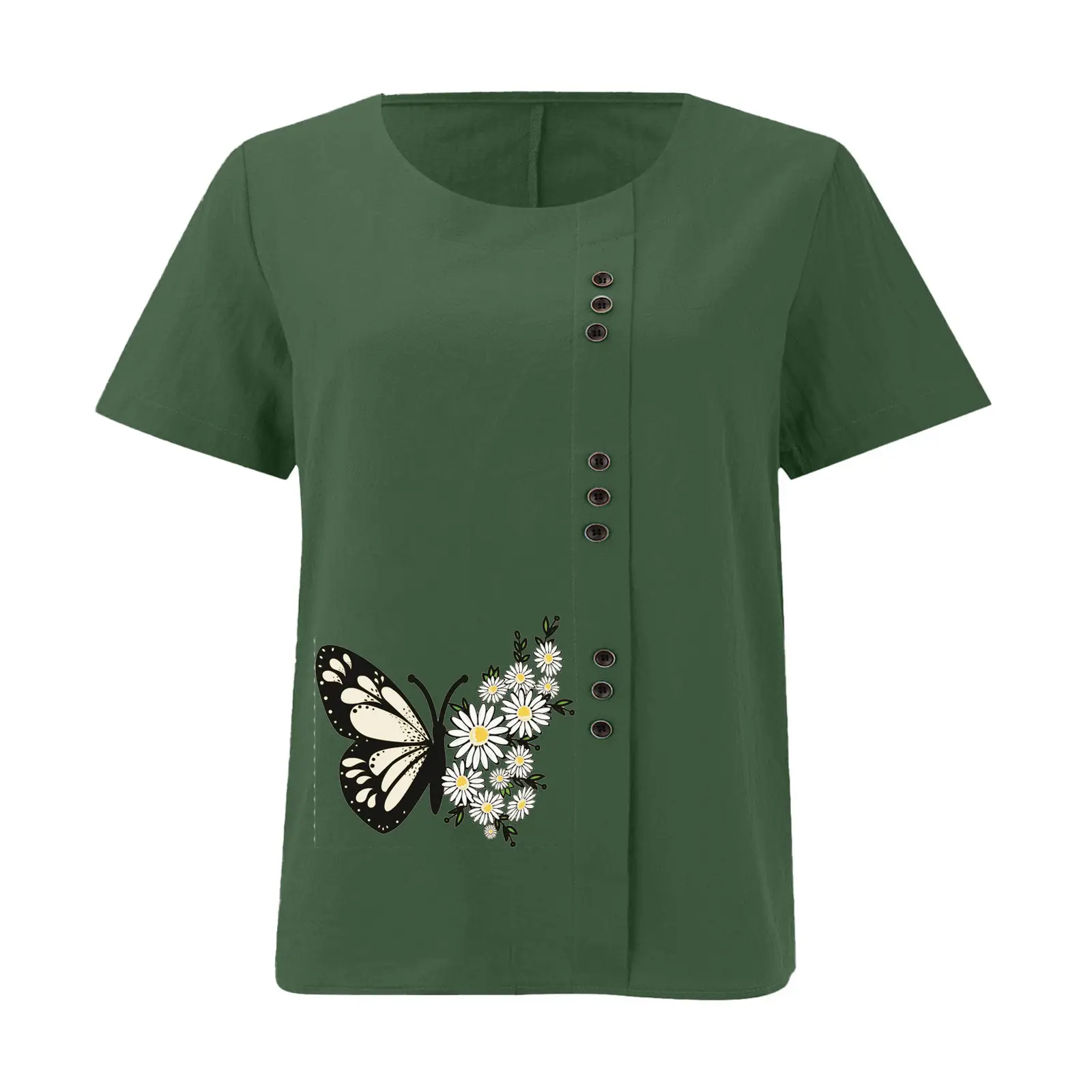 Women Butterfly Print Cotton Linen T-Shirt Plus Size — feature 23