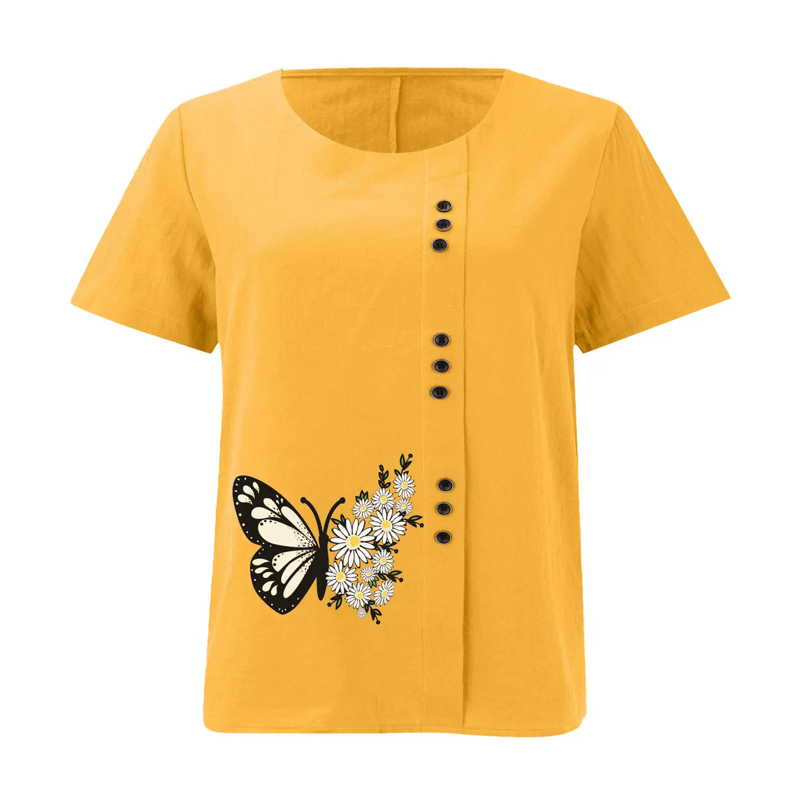 Women Butterfly Print Cotton Linen T-Shirt Plus Size — feature 24