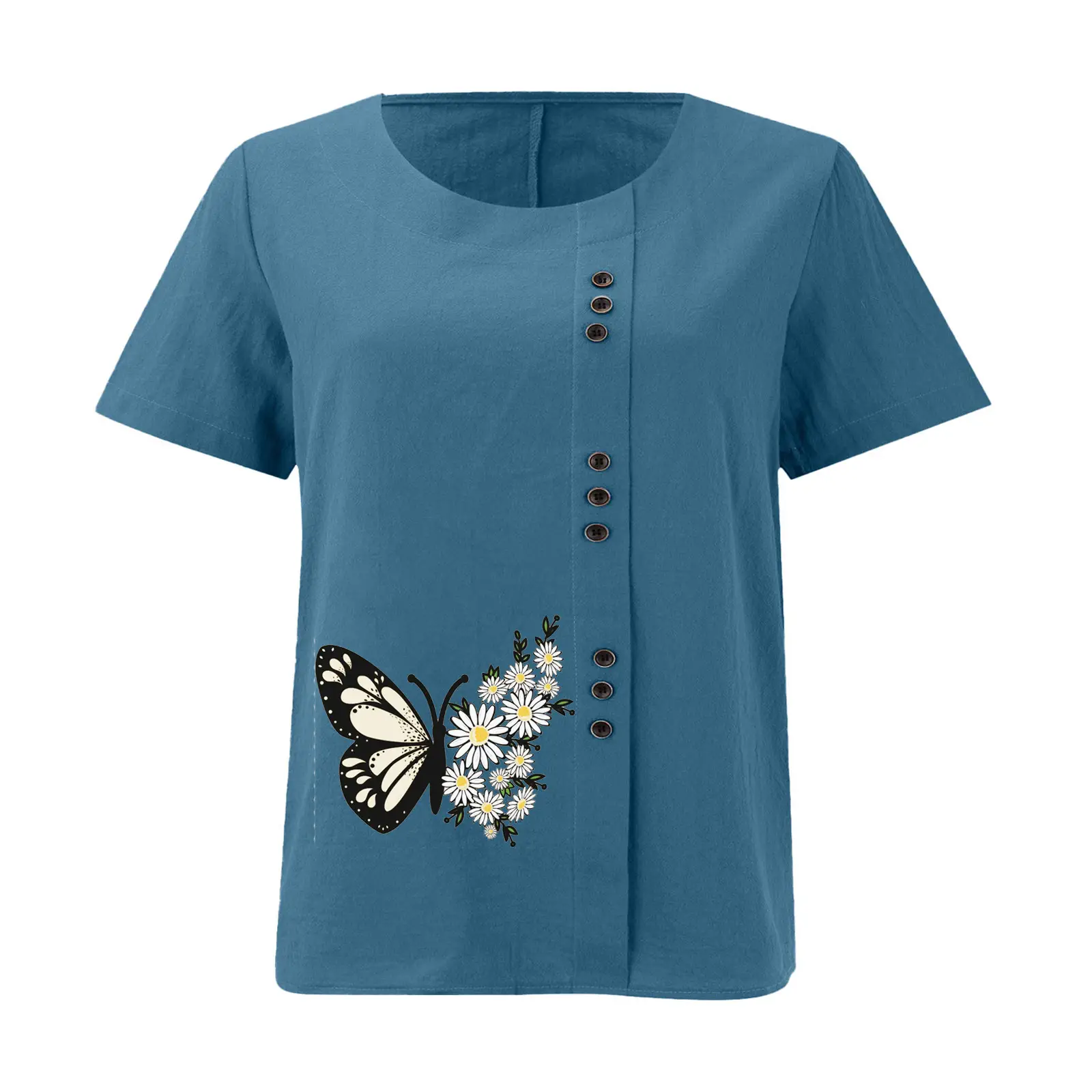 Women Butterfly Print Cotton Linen T-Shirt Plus Size — feature 26
