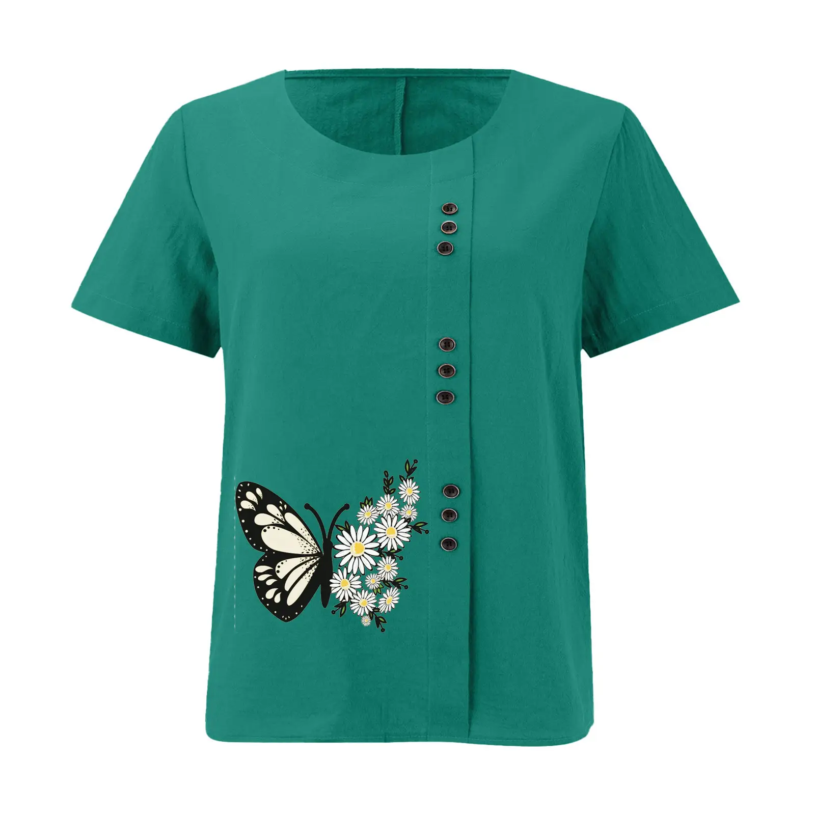 Women Butterfly Print Cotton Linen T-Shirt Plus Size — feature 27