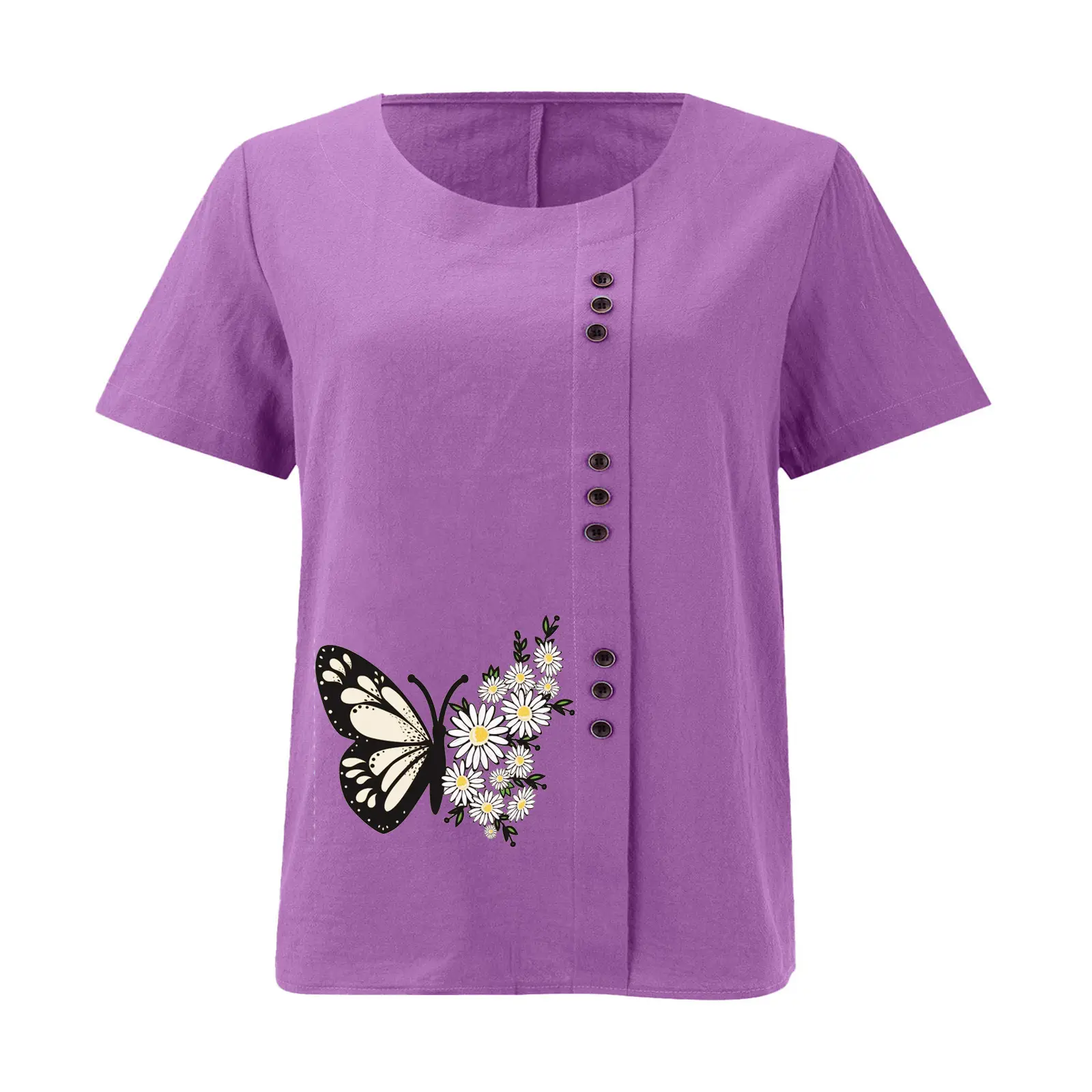 Women Butterfly Print Cotton Linen T-Shirt Plus Size — feature 28